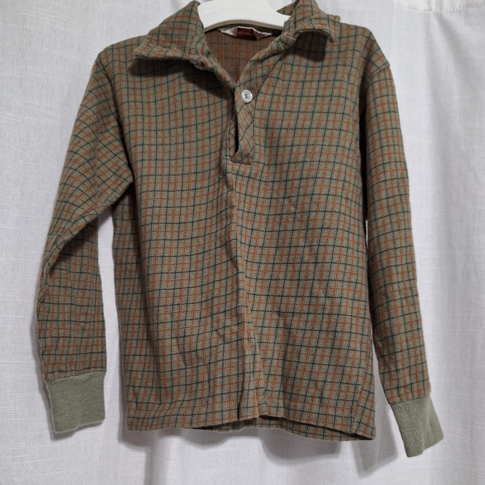 1970's Donmoor Kids Polo Shirt - Brown and Green Checkered Sz 6